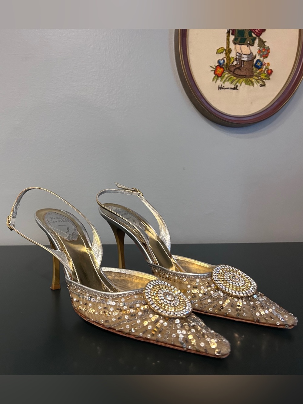Rene Caovilla Beaded Slingback Mesh Medallion Heels Gold Silver Size 39